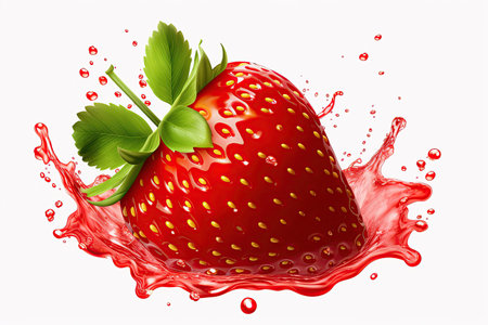 strawberry juicy splashed green leaves ,isolated white background,Generated with AIの素材