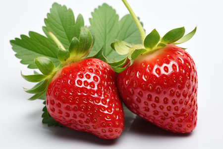 strawberry juicy splashed green leaves ,isolated white background,Generated with AIの素材