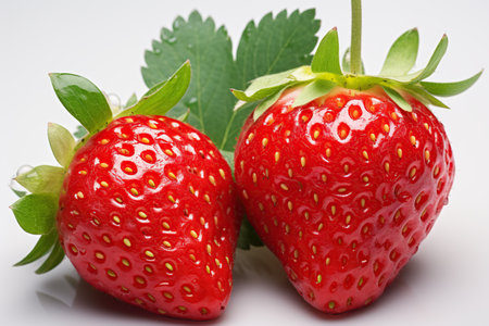 strawberry juicy splashed green leaves ,isolated white background,Generated with AIの素材
