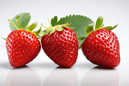 strawberry juicy splashed green leaves ,isolated white background,Generated with AIの素材
