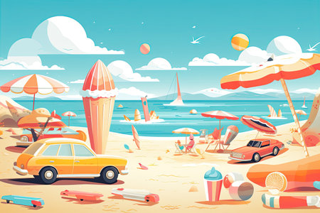 Summer Vibes, sunny essence of summer,beaches, ice cream, outdoor fun.Generated with AIの素材