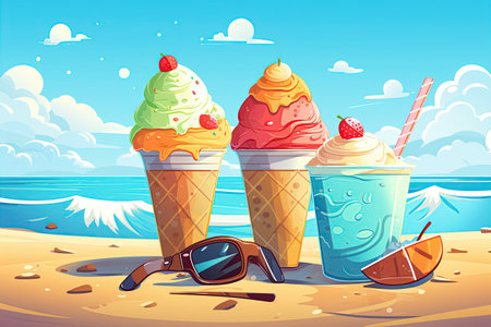 Summer Vibes, sunny essence of summer,beaches, ice cream, outdoor fun.Generated with AIの素材