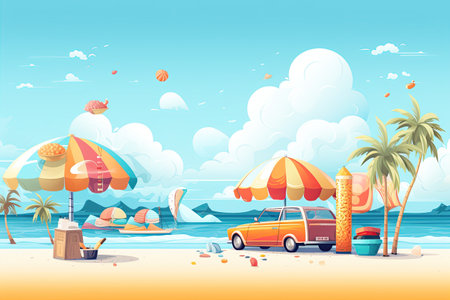 Summer Vibes, sunny essence of summer,beaches, ice cream, outdoor fun.Generated with AIの素材