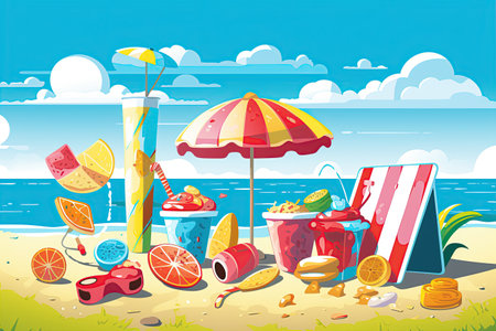 Summer Vibes, sunny essence of summer,beaches, ice cream, outdoor fun.Generated with AIの素材