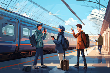 A group of young friends waits leisurely and carefree at the train station,の素材