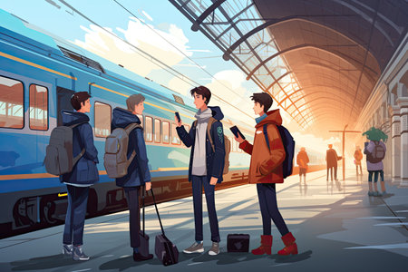 A group of young friends waits leisurely and carefree at the train station,の素材