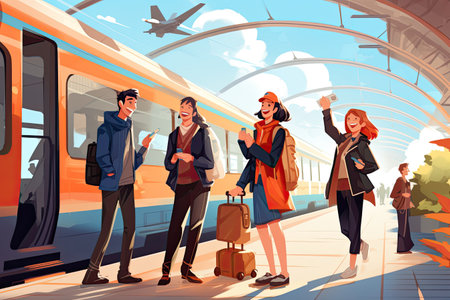 A group of young friends waits leisurely and carefree at the train station,の素材