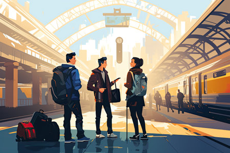 A group of young friends waits leisurely and carefree at the train station,の素材