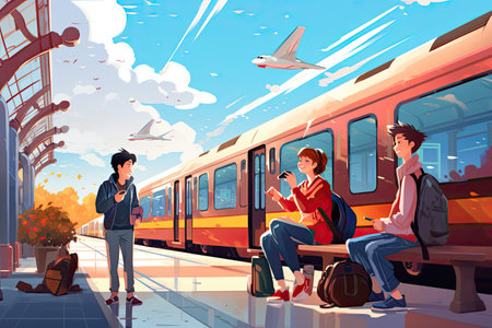 A group of young friends waits leisurely and carefree at the train station,の素材