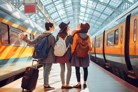 A group of young friends waits leisurely and carefree at the train station,の素材