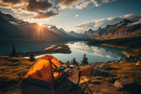 Camping in a yellow tent, holding a cup, with a stunning view Lake,Generated with AIの素材