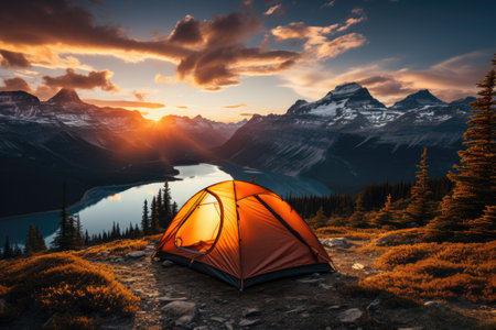 Camping in a yellow tent, holding a cup, with a stunning view Lake,Generated with AIの素材