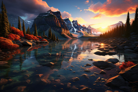 Majestic Lake: A stunning lake in National Park,Generated with AIの素材