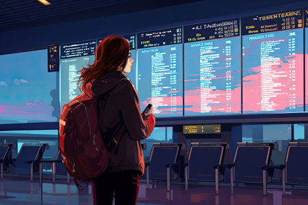 asian woman at international airport, flight information board, holding suitcase,Generated with AIの素材