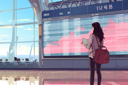 asian woman at international airport, flight information board, holding suitcase,Generated with AIの素材