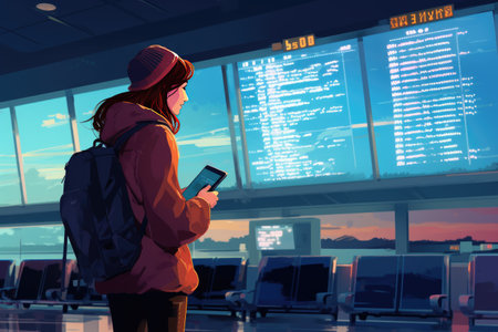 asian woman at international airport, flight information board, holding suitcase,Generated with AIの素材