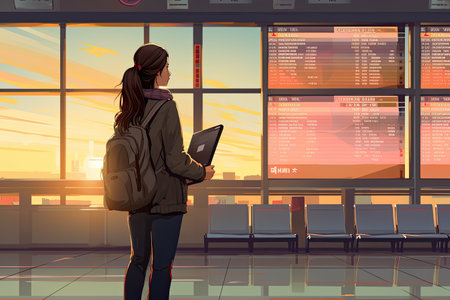 asian woman at international airport, flight information board, holding suitcase,Generated with AIの素材