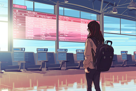 asian woman at international airport, flight information board, holding suitcase,Generated with AIの素材