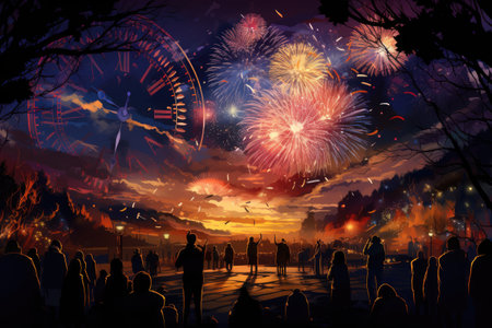 New Year Day Celebratory the transition new year, fireworks,Generated with AIの素材