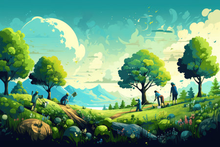 Earth Day Visuals highlighting environmental conservation, planting trees, enjoying nature,Generated with AIの素材