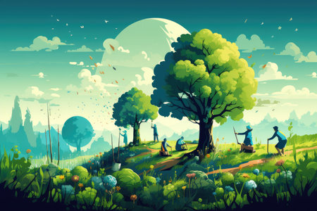 Earth Day Visuals highlighting environmental conservation, planting trees, enjoying nature,Generated with AIの素材