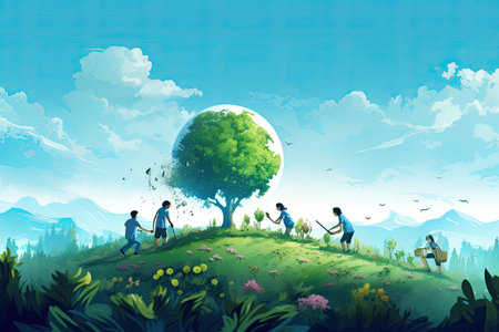 Earth Day Visuals highlighting environmental conservation, planting trees, enjoying nature,Generated with AIの素材