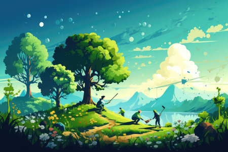 Earth Day Visuals highlighting environmental conservation, planting trees, enjoying nature,Generated with AIの素材