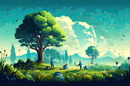 Earth Day Visuals highlighting environmental conservation, planting trees, enjoying nature,Generated with AIの素材