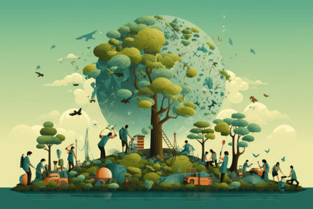 Earth Day Visuals highlighting environmental conservation, planting trees, enjoying nature,Generated with AIの素材