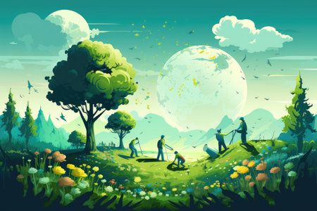 Earth Day Visuals highlighting environmental conservation, planting trees, enjoying nature,Generated with AIの素材