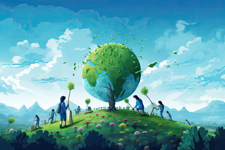 Earth Day Visuals highlighting environmental conservation, planting trees, enjoying nature,Generated with AIの素材