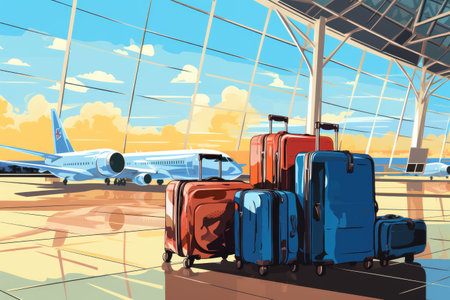 suitcases at the airport, symbolizing the concept of travel and journey.Generated with AIの素材