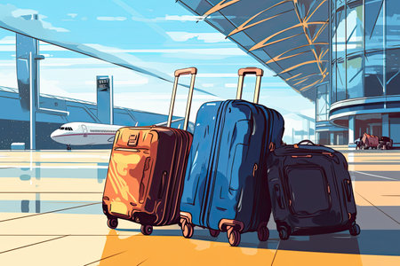 suitcases at the airport, symbolizing the concept of travel and journey.Generated with AIの素材