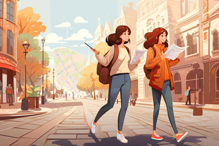 fun, friendship, travel, and tourism exploring the city, enjoying their time together,Generated with AIの素材