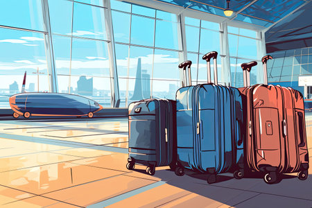 suitcases at the airport, symbolizing the concept of travel and journey.Generated with AIの素材