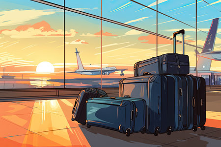 suitcases at the airport, symbolizing the concept of travel and journey.Generated with AIの素材