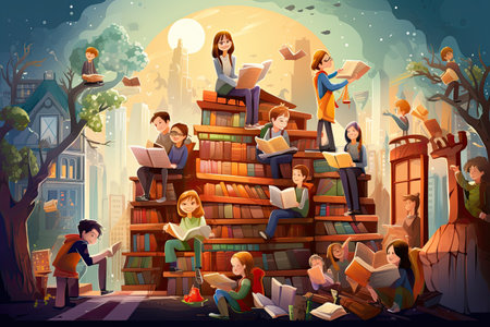 World Book Day people reading and enjoying books, libraries, bookstores, literary events.Generated with AIの素材