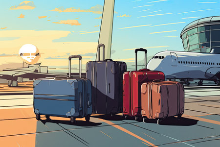 suitcases at the airport, symbolizing the concept of travel and journey.Generated with AIの素材