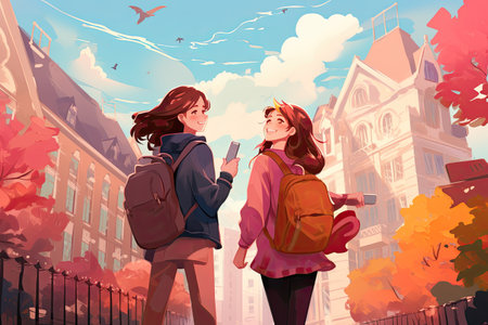 fun, friendship, travel, and tourism exploring the city, enjoying their time together,Generated with AIの素材