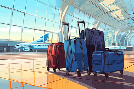 suitcases at the airport, symbolizing the concept of travel and journey.Generated with AIの素材