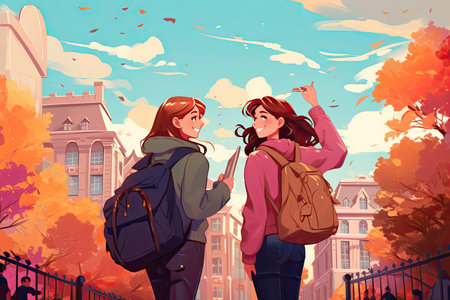 fun, friendship, travel, and tourism exploring the city, enjoying their time together,Generated with AIの素材