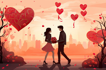 Valentine Day Romantic couples exchanging gifts, flowers, affectionate moments,Generated with AIの素材