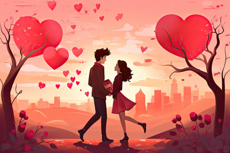 Valentine Day Romantic couples exchanging gifts, flowers, affectionate moments,Generated with AIの素材