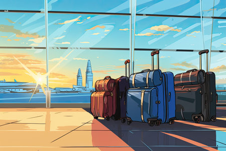 suitcases at the airport, symbolizing the concept of travel and journey.Generated with AIの素材
