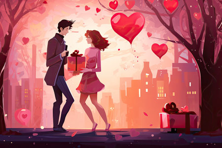 Valentine Day Romantic couples exchanging gifts, flowers, affectionate moments,Generated with AIの素材