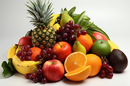 A colorful assortment of tropical fruits. isolation white background,Generated with AIの素材