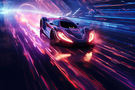 Futuristic vehicle speeding through neon rain.Generated with AIの素材