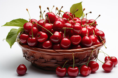 A basket of ripe, red cherries isolation white background,Generated with AIの素材