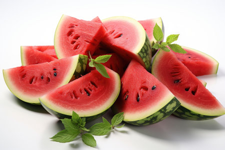 A close-up of succulent watermelon and slices. isolation white background,Generated with AIの素材