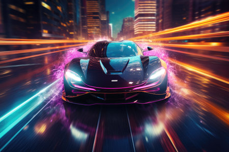 Futuristic vehicle speeding through neon rain.Generated with AIの素材